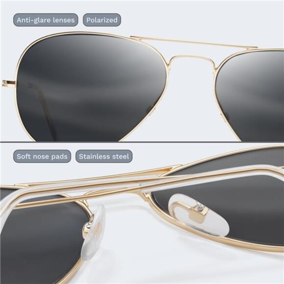 Aviator Sunglasses Men Women Polarized Metal Mirror UV400 Sun Glasses Gold Black - Picture 3 of 7